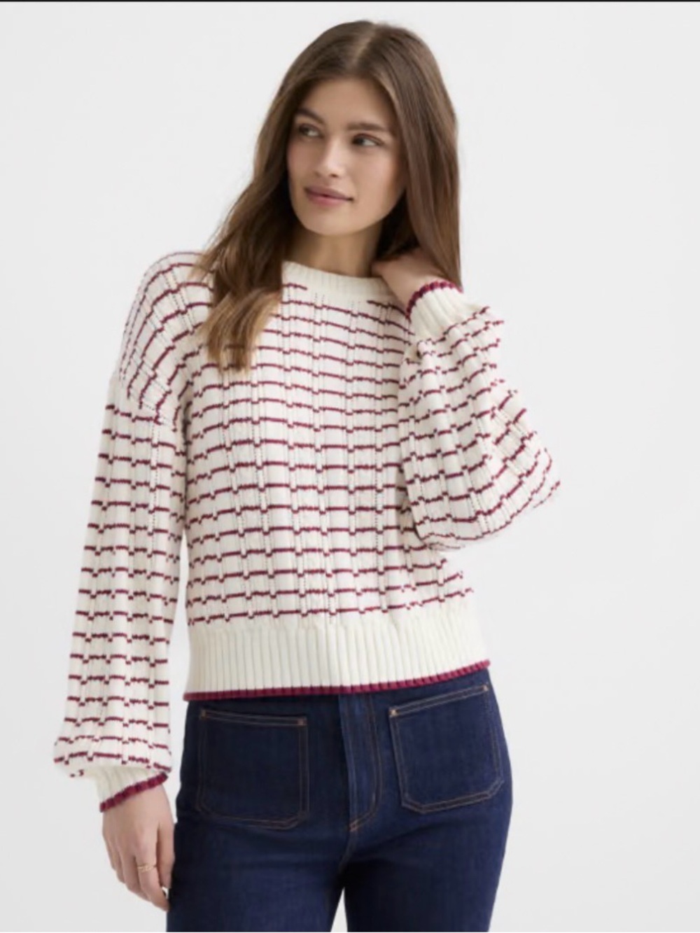 LOFT Cream Sweater with Burgundy Windowpane Knit